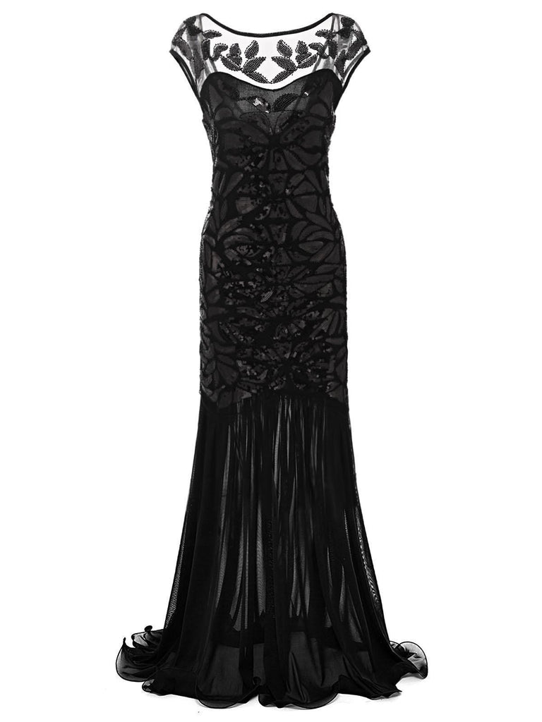 [US Warehouse] Black 1920s Sequin Maxi Flapper Dress & 5PCS Accessories