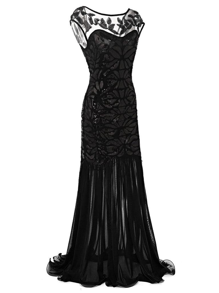 [US Warehouse] Black 1920s Sequin Maxi Flapper Dress & 5PCS Accessories