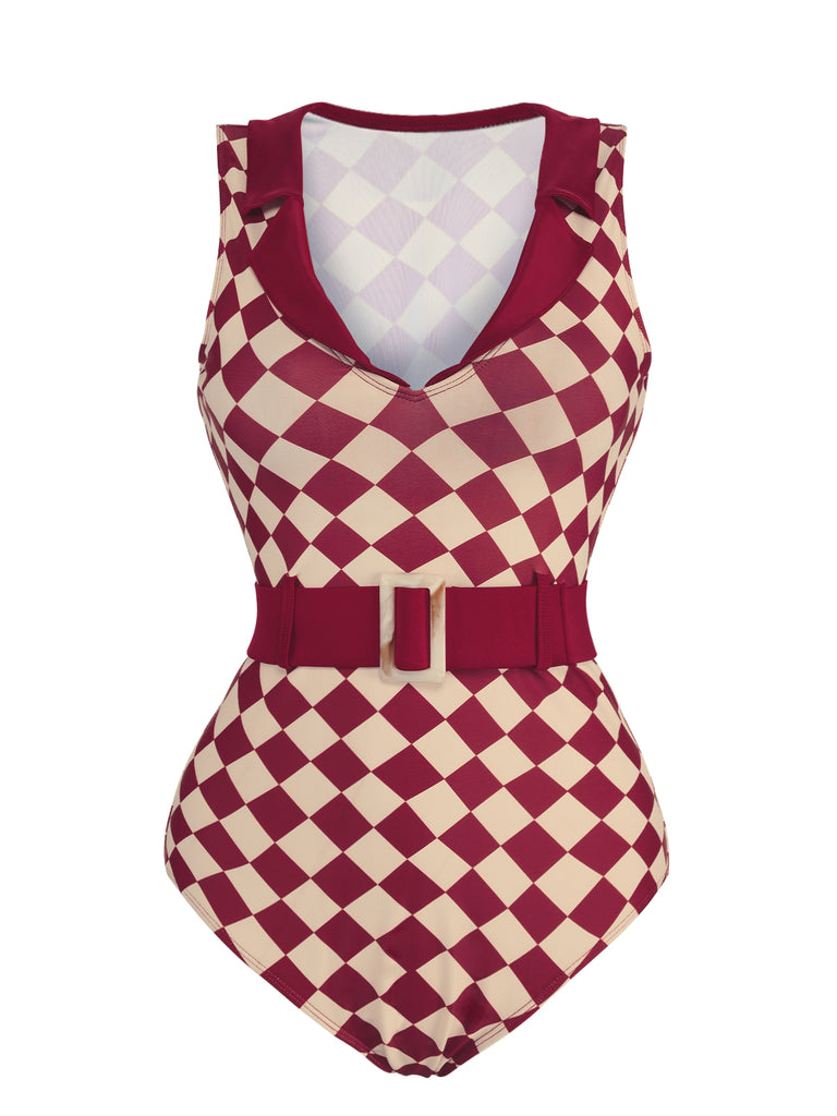 1930s Burgundy Diamond Lapel One-Piece Swimsuit — vintage elegance for the modern woman