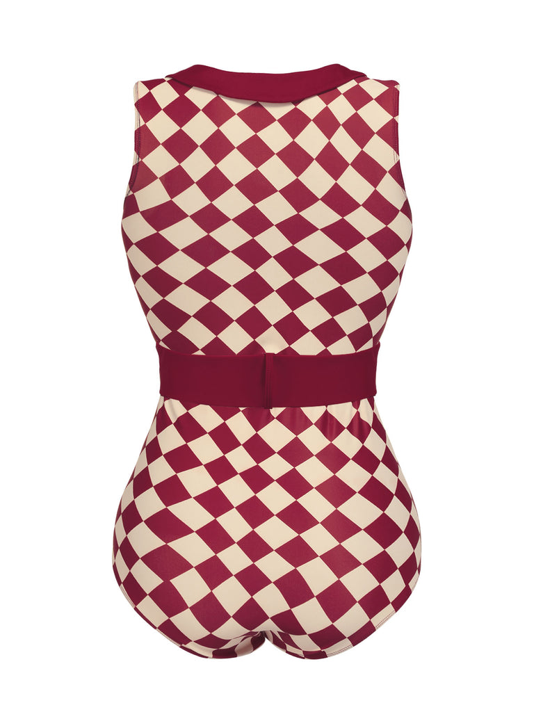 1930s Burgundy Diamond Lapel One-Piece Swimsuit — vintage elegance for the modern woman