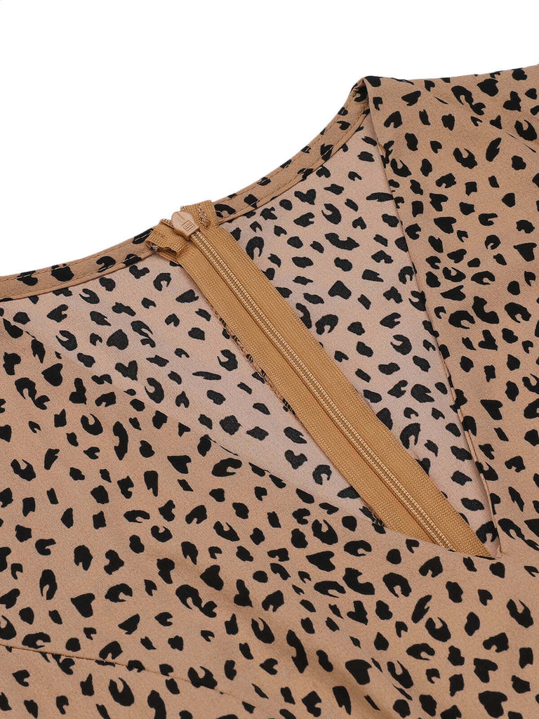 Fabric texture: 1930s 1930s Leopard Print Mullet Sleeves V-neck Romper, perfect for retro themed parties, vintage fashion enthusiasts and special occasions