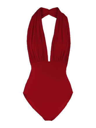 1930s Retro Halter Solid One-piece Swimsuit: timeless style reimagined