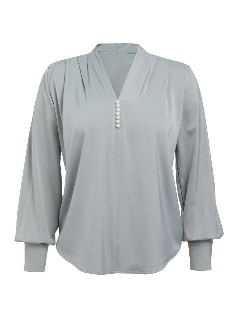 1930s Retro Solid V-neck Puff Sleeve Blouse: timeless style reimagined