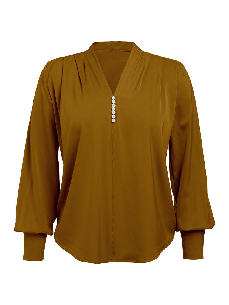 1930s Retro Solid V-neck Puff Sleeve Blouse: timeless style reimagined