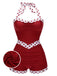 Front view: 1940s Red 1940s Halter Patchwork One-p