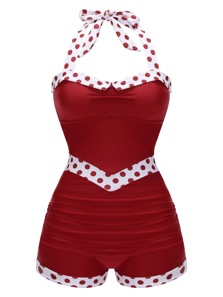 Side view: 1940s Red 1940s Halter Patchwork One-pi