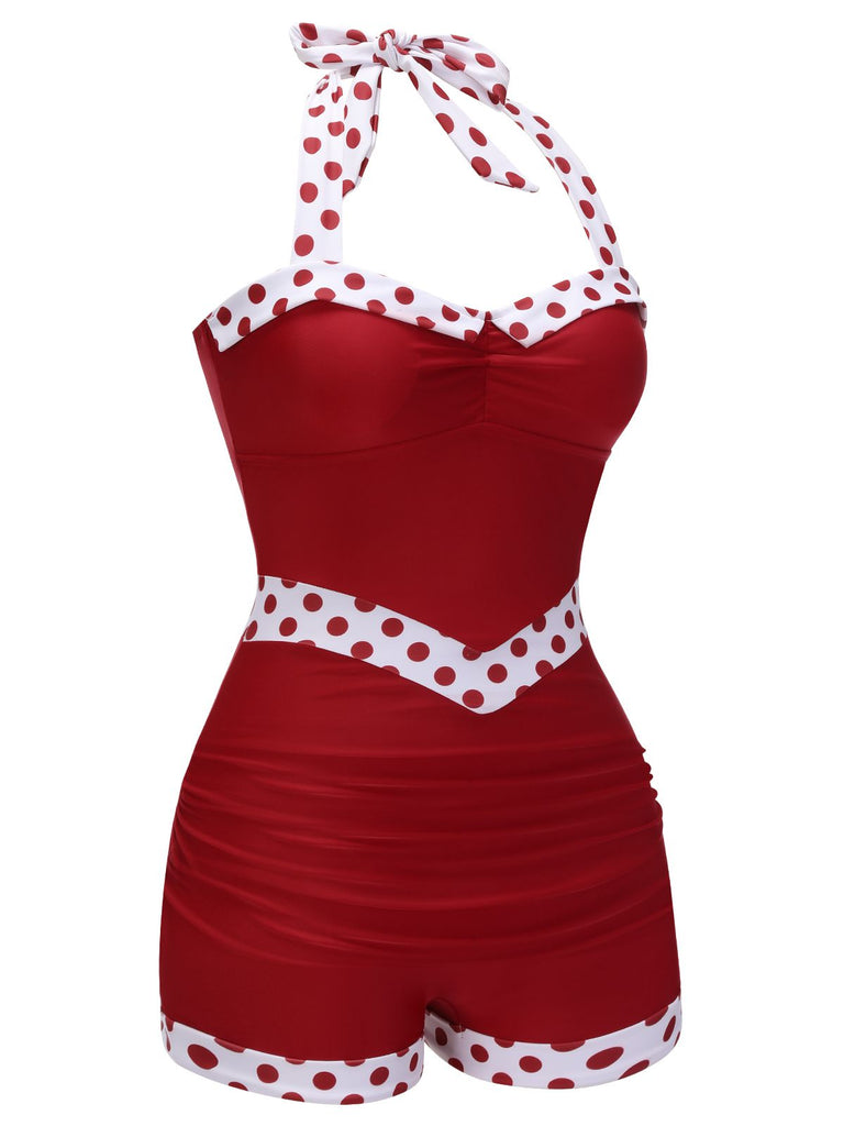 Back view: 1940s Red 1940s Halter Patchwork One-pi