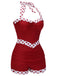 Back view: 1940s Red 1940s Halter Patchwork One-pi