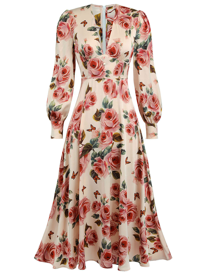 1940s Rose V-Neck Long Sleeves Dress: timeless style reimagined