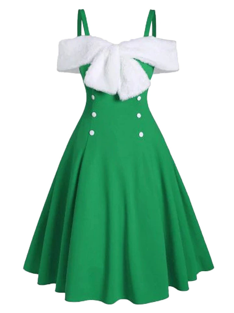 1950s Bow Cold Shoulder Swing Dress, classic 1950s style elegant retro fashion - Image 1