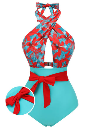 Front view: 1950s 1950s Bow Tie Floral Cross Strap