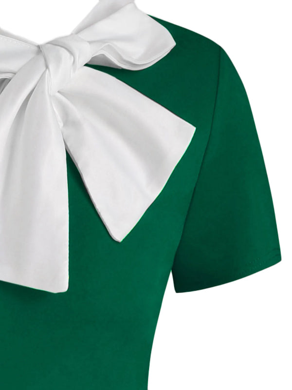 1950s Bowknot Collar Swing Dress, classic 1950s style elegant retro fashion - Image 3