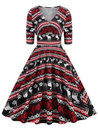1950s Christmas Patchwork V-neck Dress: timeless style reimagined