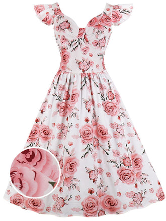 1950s Floral Flare Sleeve Swing Dress, classic 1950s style elegant retro fashion - Image 1
