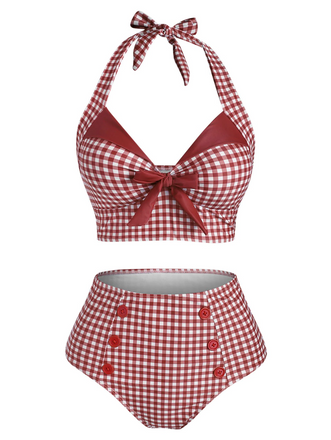1950s Gingham Halter Bowknot Bikini Set - vintage fashion, retro style