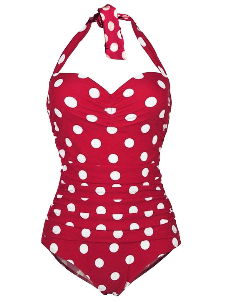 1950s Halter Polka Dot One-Piece Swimsuit, classic 1950s style summer beach collection - Image 1