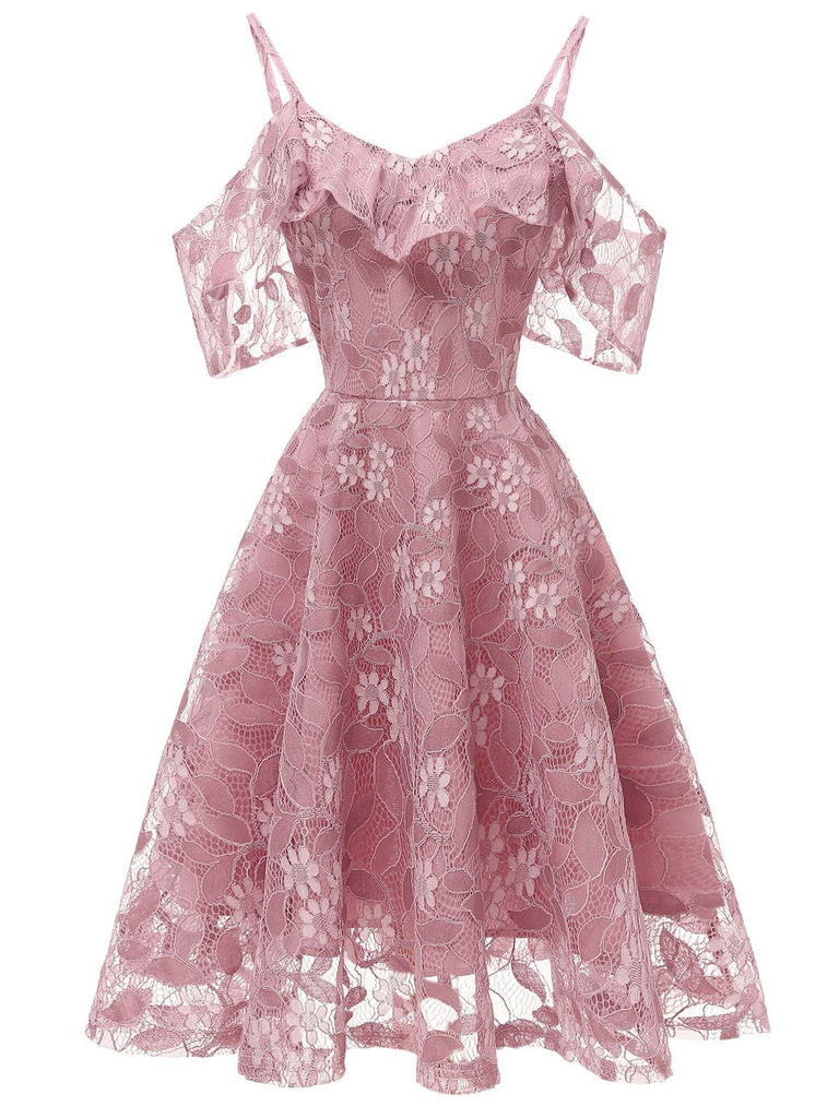 1950s Lace Cold Shoulder Ruffle Dress, classic 1950s style elegant retro fashion - Image 12