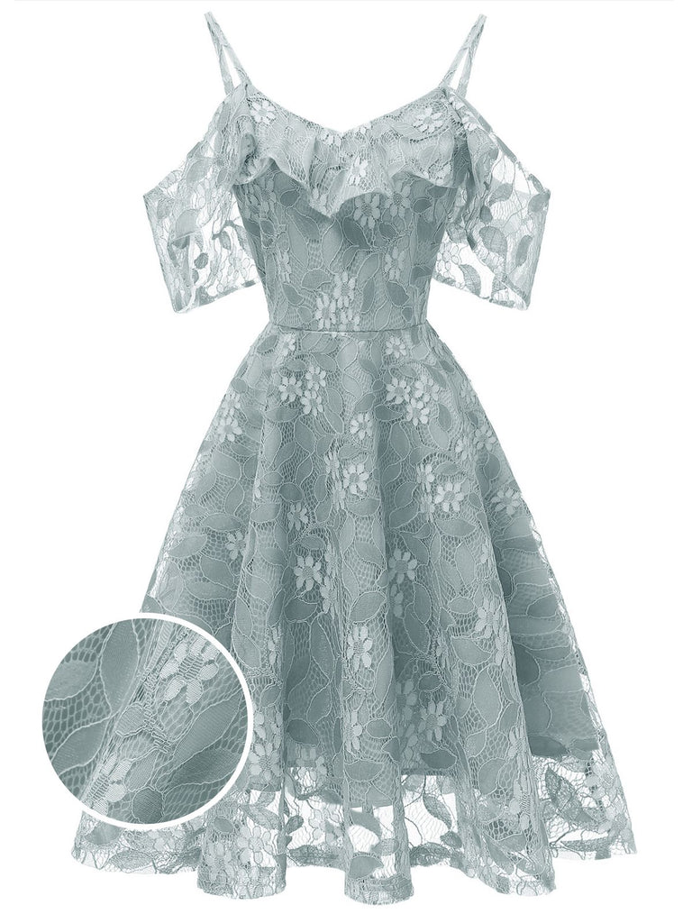 1950s Lace Cold Shoulder Ruffle Dress, classic 1950s style elegant retro fashion - Image 1