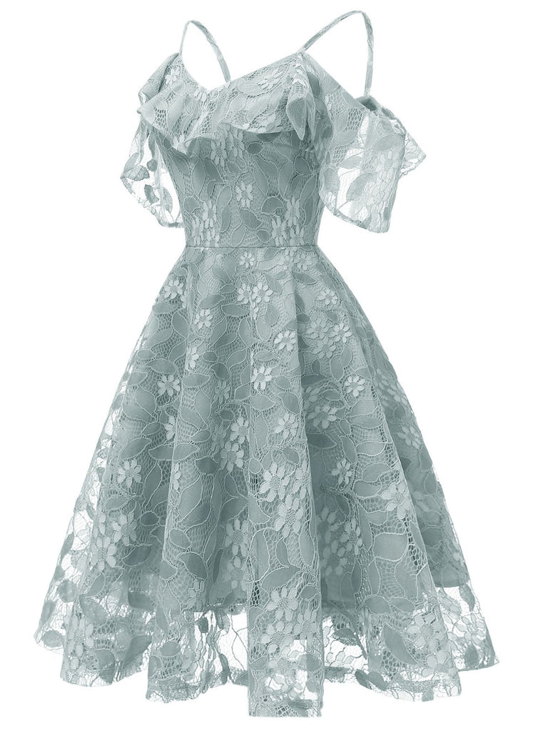 1950s Lace Cold Shoulder Ruffle Dress, classic 1950s style elegant retro fashion - Image 3