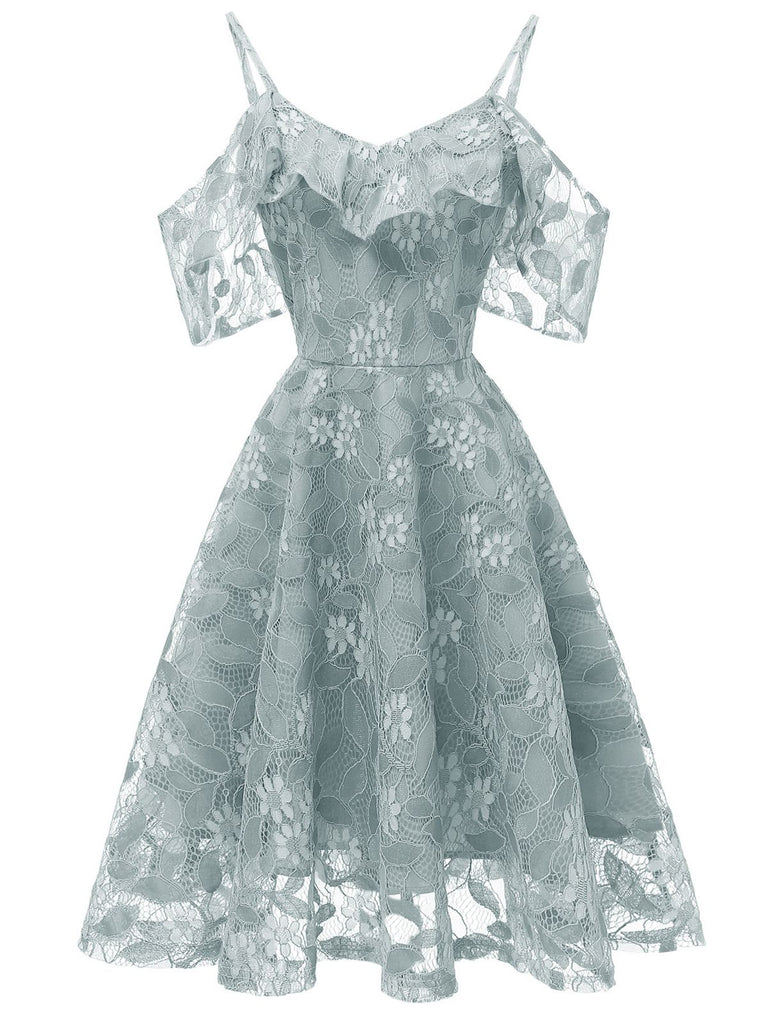 1950s Lace Cold Shoulder Ruffle Dress, classic vintage style elegant retro fashion - Image 61