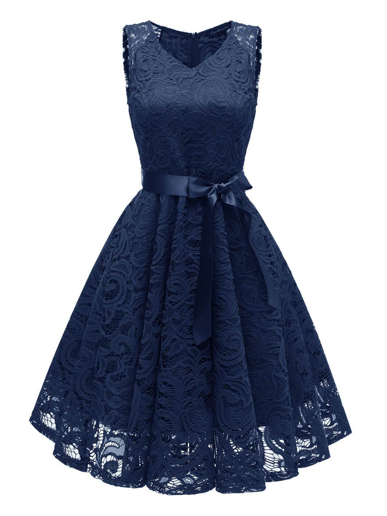 1950s Lace V Neck Bow Dress, classic 1950s style elegant retro fashion - Image 7