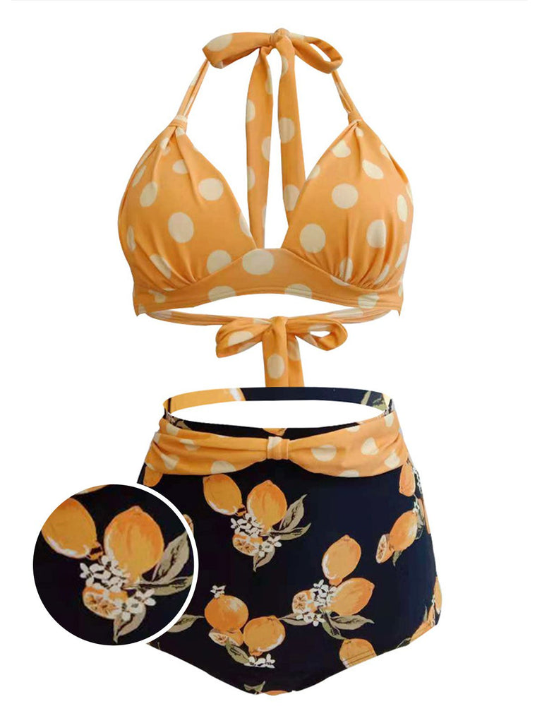 1950s Lemon Polka Dot Halter Bikini: timeless style reimagined