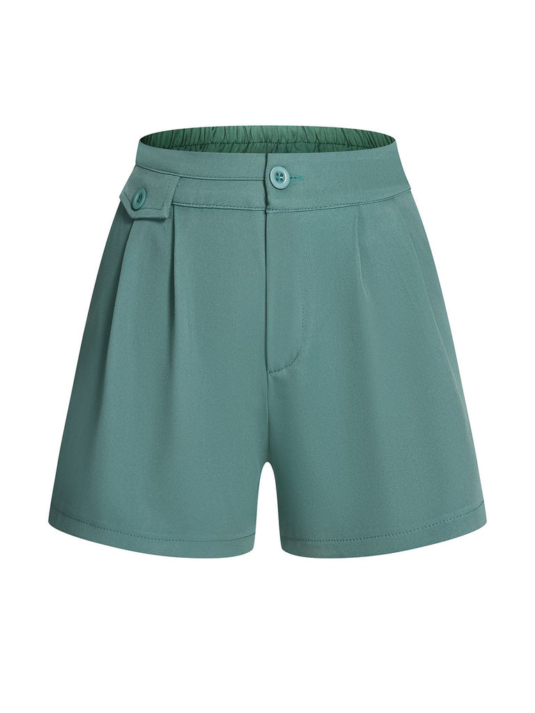 Mint Green 1950s Solid Pleating Decorative Pocket Shorts - vintage fashion, retro style