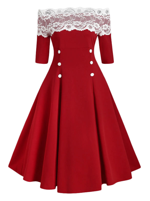 1950s Off Shoulder Button Embellished Dress, classic 1950s style elegant retro fashion - Image 5