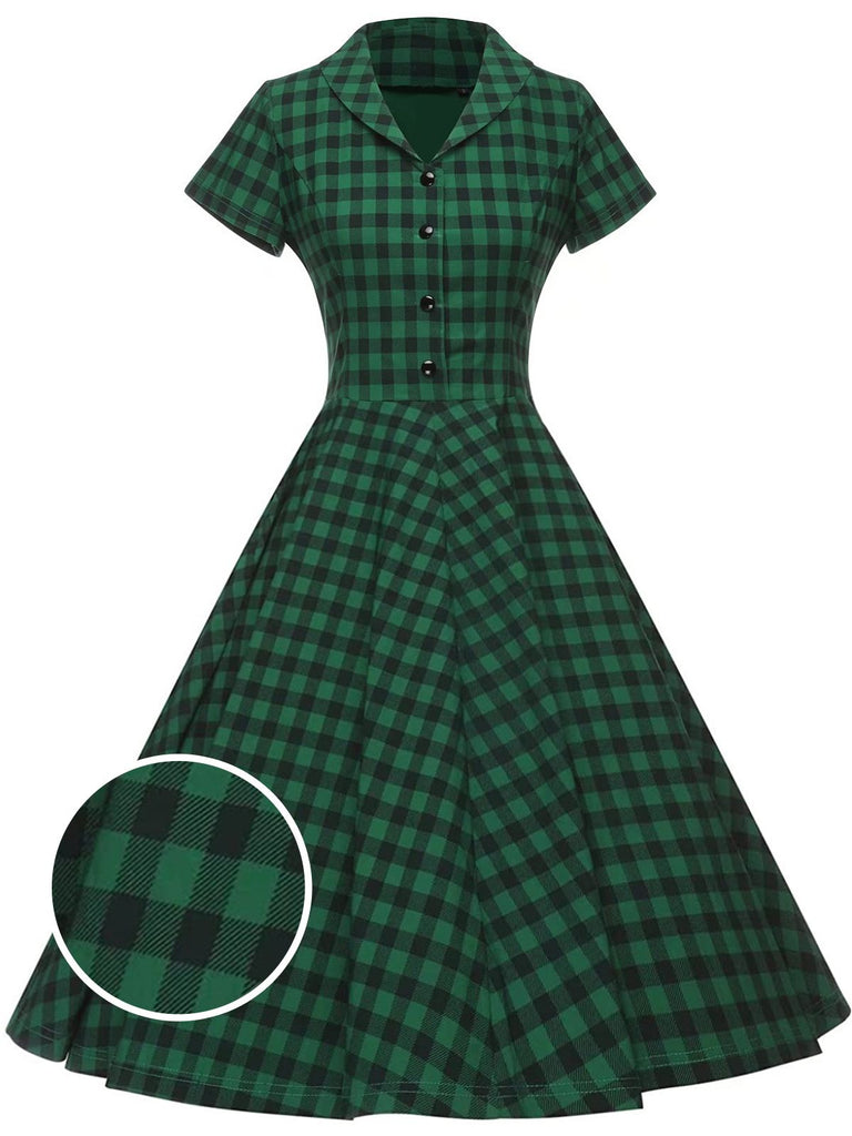 1950s Plaid Button Swing Dress, classic 1950s style elegant retro fashion - Image 1