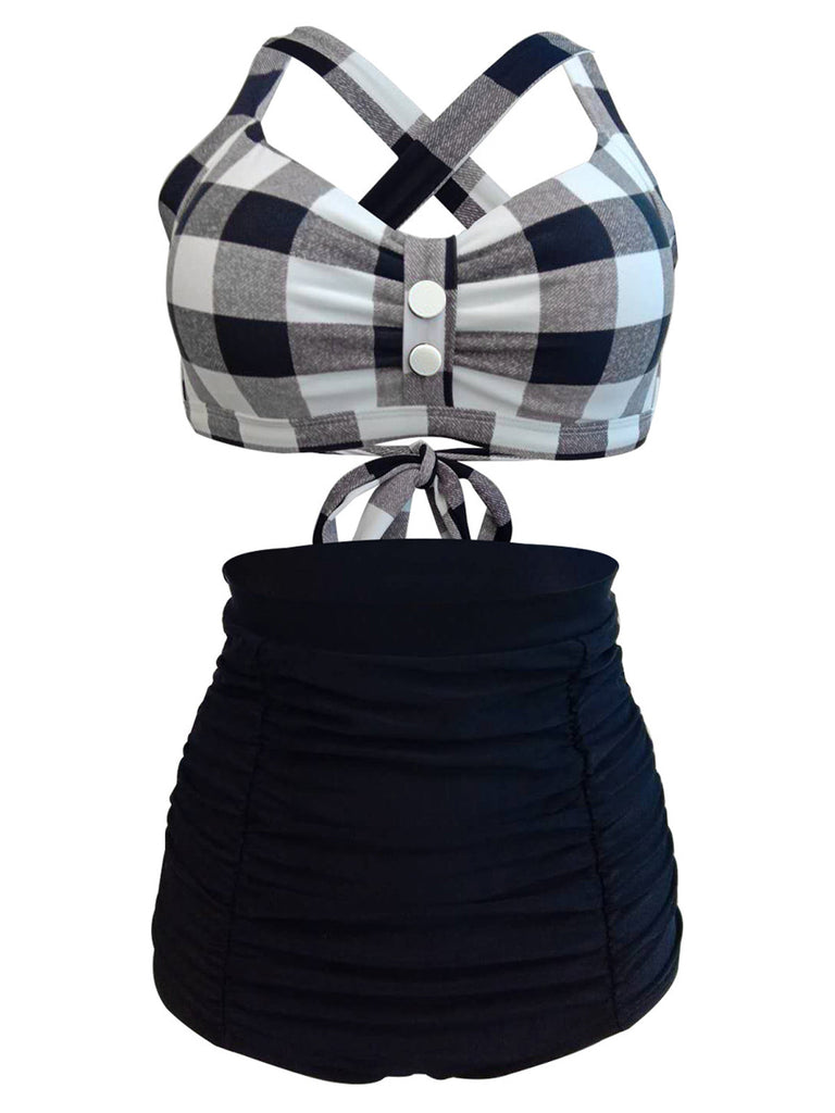 1950s Plaid Criss Cross Pleated Bikini, classic 1950s style summer beach collection - Image 5