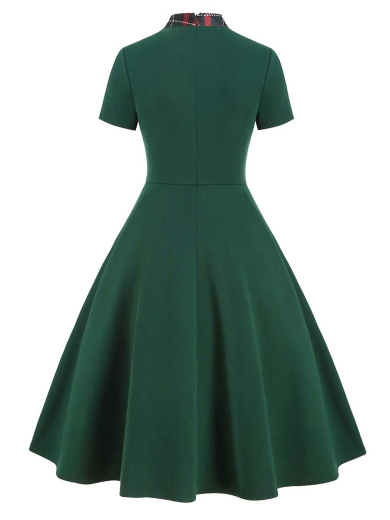 1950s Plaid Patchwork Bow Swing Dress, classic 1950s style elegant retro fashion - Image 3