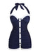 Navy Blue 1950s Pleated Halter Swimsuit, vintage swimsuit, pin-up swimwear - perfect for women who love vintage and retro fashion