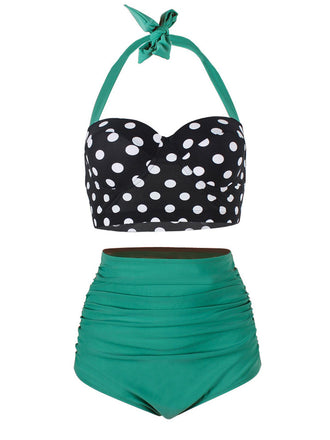 1950s Polka Dot Halter Pleated Bikini, classic 1950s style summer beach collection - Image 1