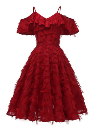 1950s Ruffle Tassel Feather Solid Dress: timeless style reimagined