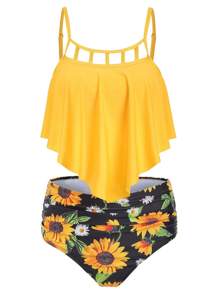 1950s Spaghetti Strap Sunflowers Tankini Set: timeless style reimagined