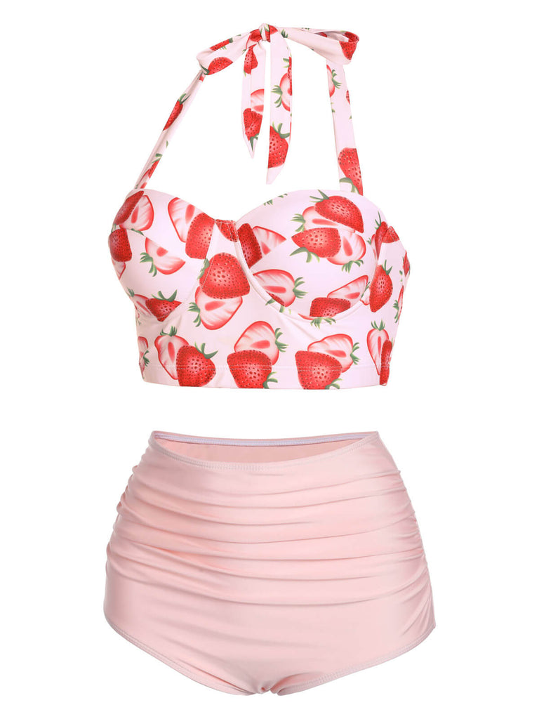 1950s Strawberry Halter Lace-Up Pleated Bikini Set - vintage fashion, retro style