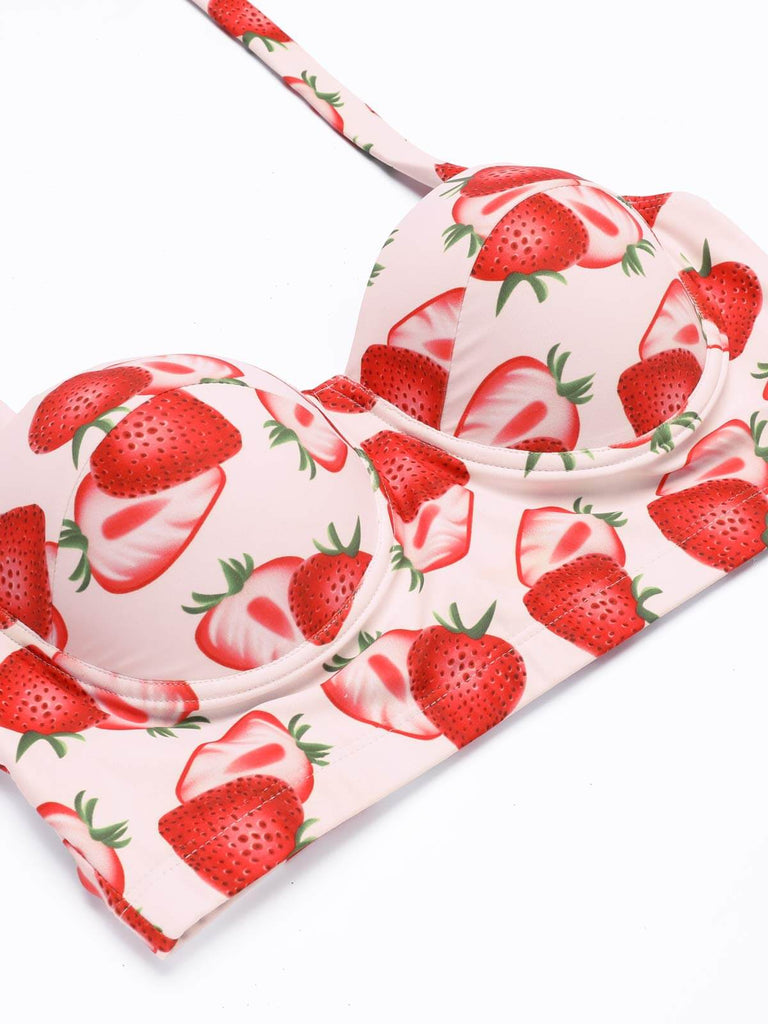 1950s Strawberry Halter Lace-Up Pleated Bikini Set - vintage fashion, retro style