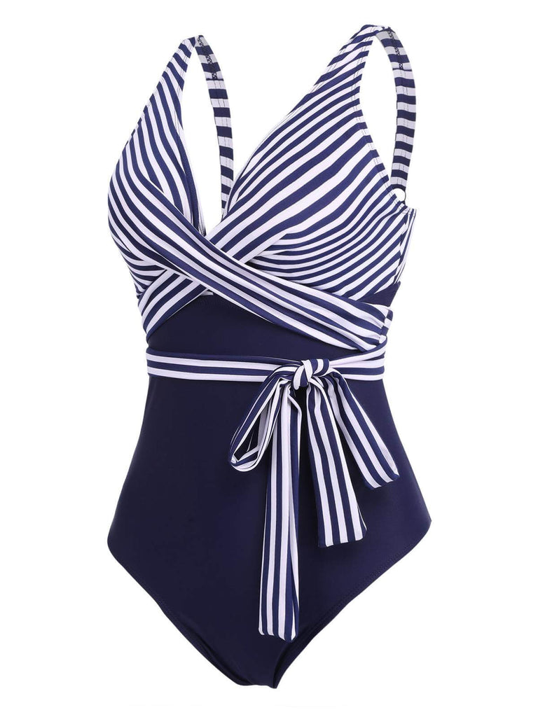 1950s Stripe Lace Up Patchwork One-Piece Swimsuit — vintage elegance for the modern woman