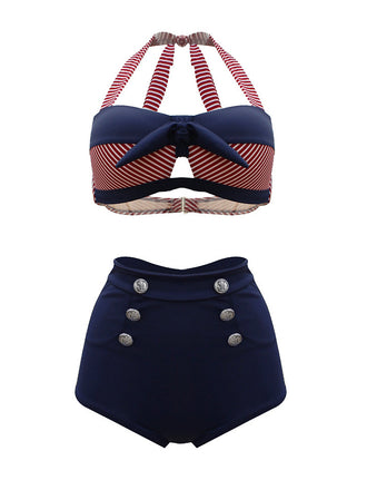 1950s Stripe Patchwork Bow Halter Bikini, classic 1950s style summer beach collection - Image 1