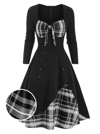 1950s Sweetheart Plaid Patchwork Dress, classic 1950s style elegant retro fashion - Image 1