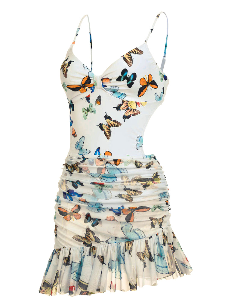 1960s Butterflies Strap One-piece Swimsuit & Cover-up Skirt, vintage skirt, retro style - perfect for women who love vintage and retro fashion