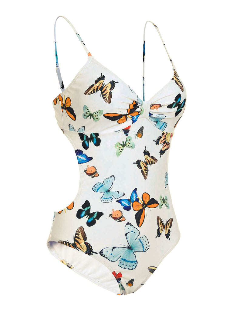 1960s Butterflies Strap One-piece Swimsuit & Cover-up Skirt, vintage skirt, retro style - perfect for women who love vintage and retro fashion