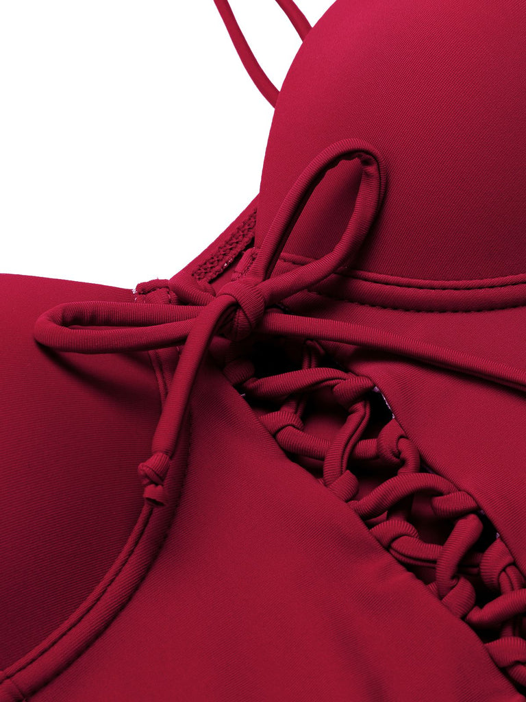 Wine Red 1960s Solid Spaghetti Strap One-piece Swimsuit - vintage swimsuit, pin-up style, elegant red