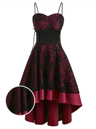 1980s Patchwork High Low Hem Strap Dress, classic 1980s style elegant retro fashion - Image 1