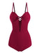 Wine Red 1960s Solid Spaghetti Strap One-piece Swimsuit