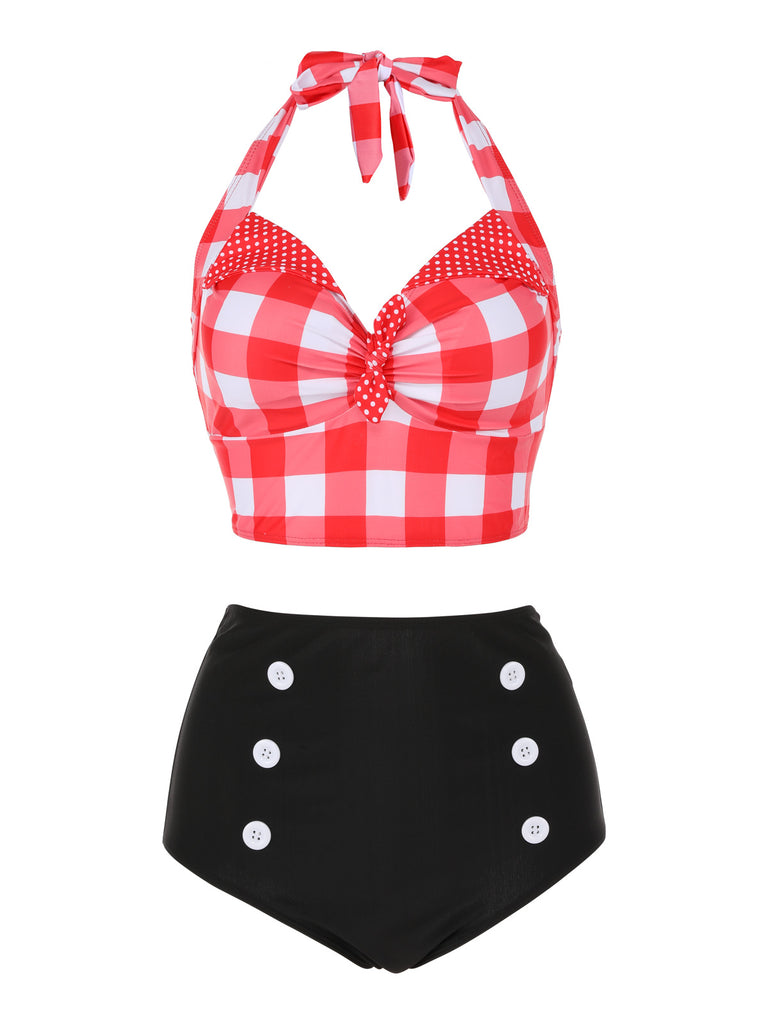 Red 1950s Plaid Halter Bikini Set