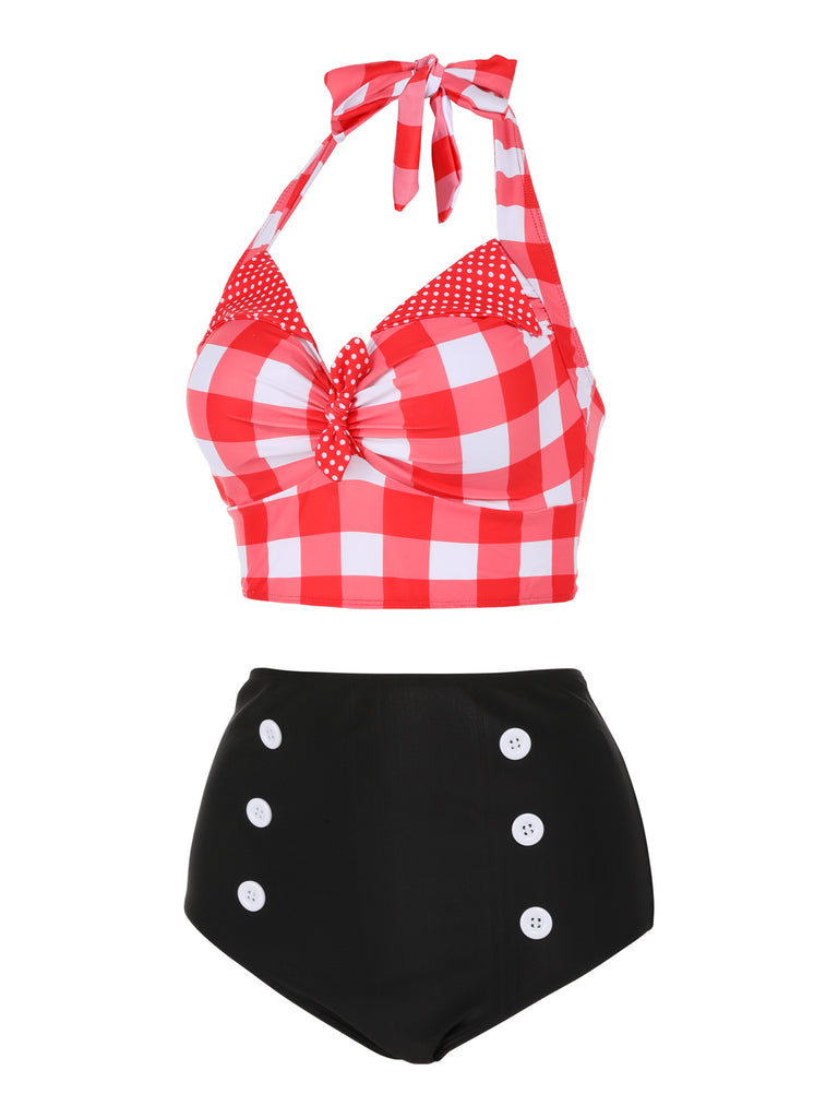 Red 1950s Plaid Halter Bikini Set