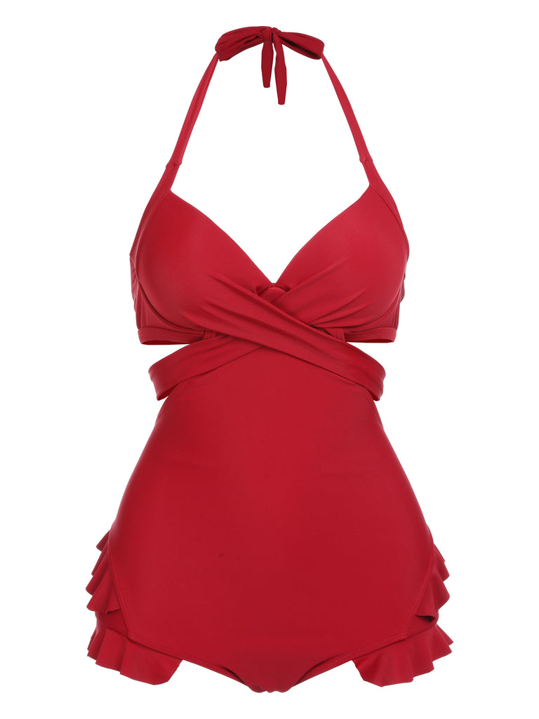 2PCS 1960s Red Butterfly Halter One-piece Swimsuit