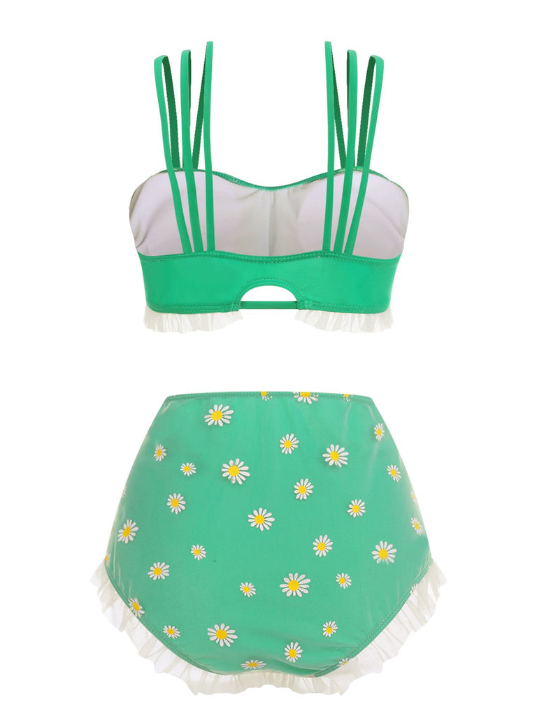 Green 1950s Summer Daisy Strap Swimsuit