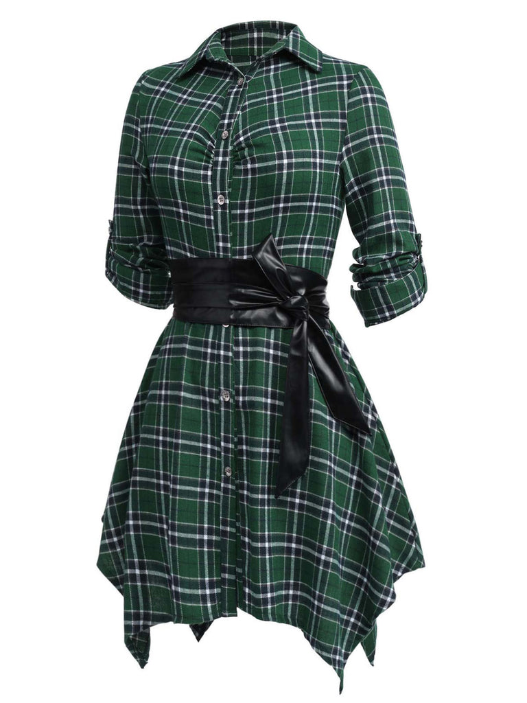 1950s 3/4 Sleeve Plaid Belt Dress